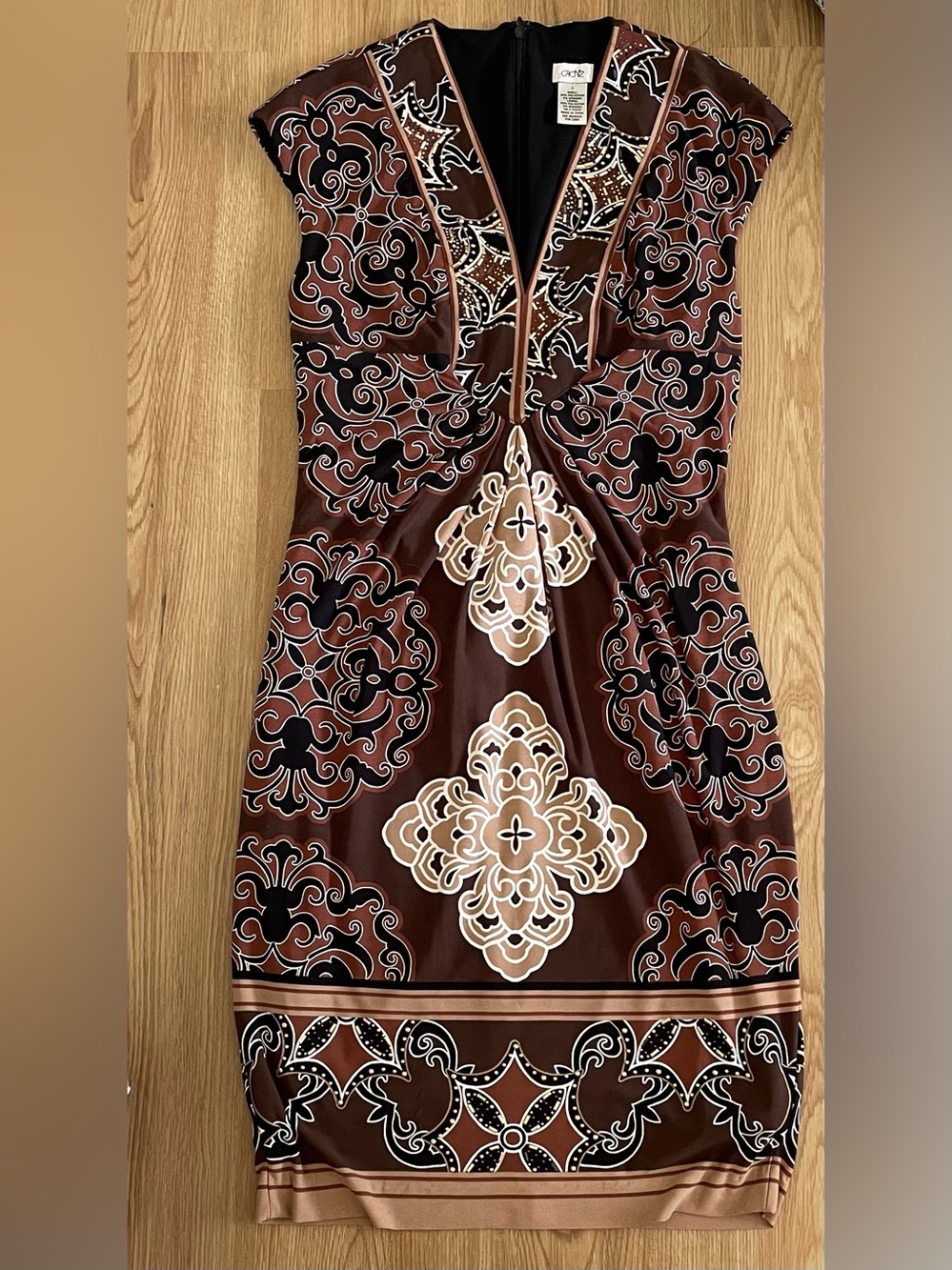 Cache Brown, Cream & Black Patterned Midi Dress